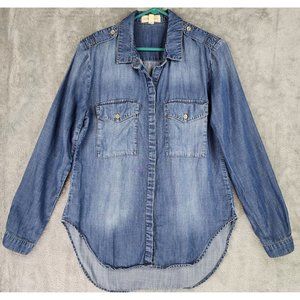 Cloth & Stone Shirt Womens Small Blue Distressed Casual Momcore Hi Low Hem